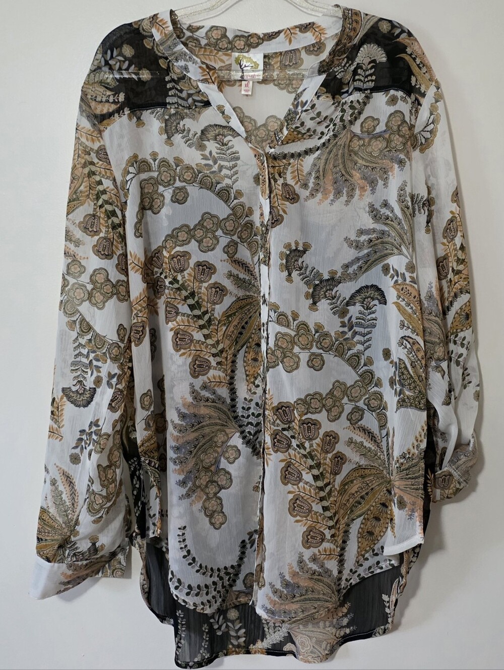 Anthropologie Fig & Flower Sheer Boho Paisley Tunic Earth Tones Fairycore XL